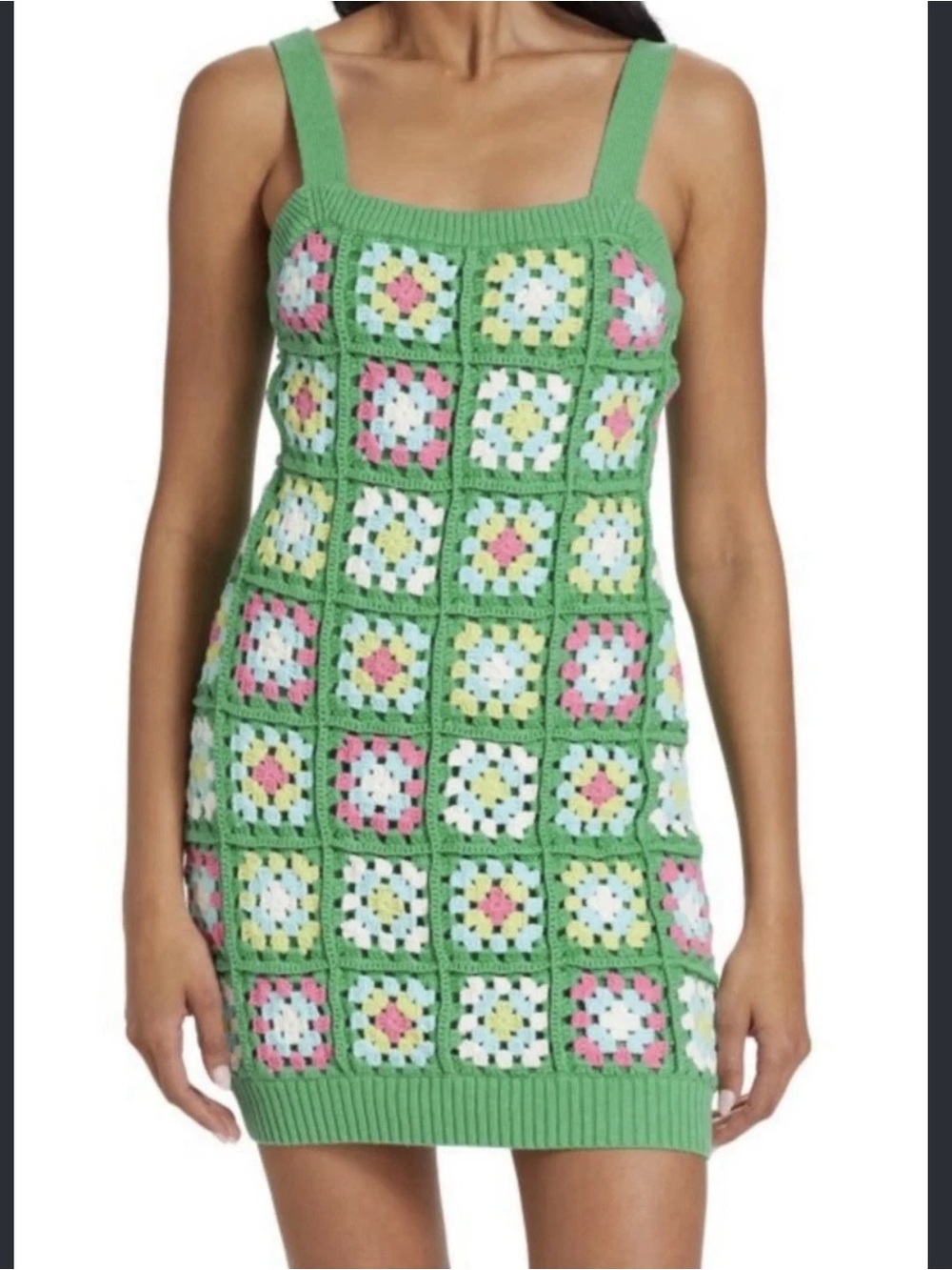 Design History Mint Green Crochet Patchwork Mini Dress with Multicolor Accents